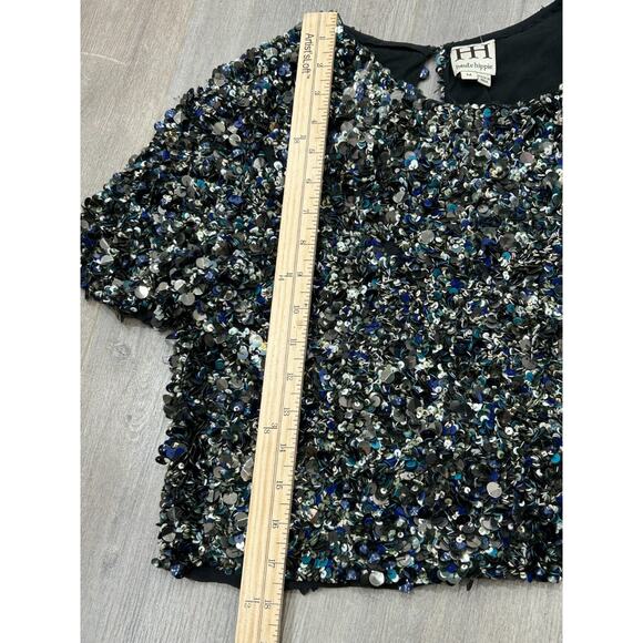 HAUTE HIPPIE Mosaic Sequin Embelished Cropped Top Short Sleeves Black Silk Sz‎ M - Picture 11 of 12